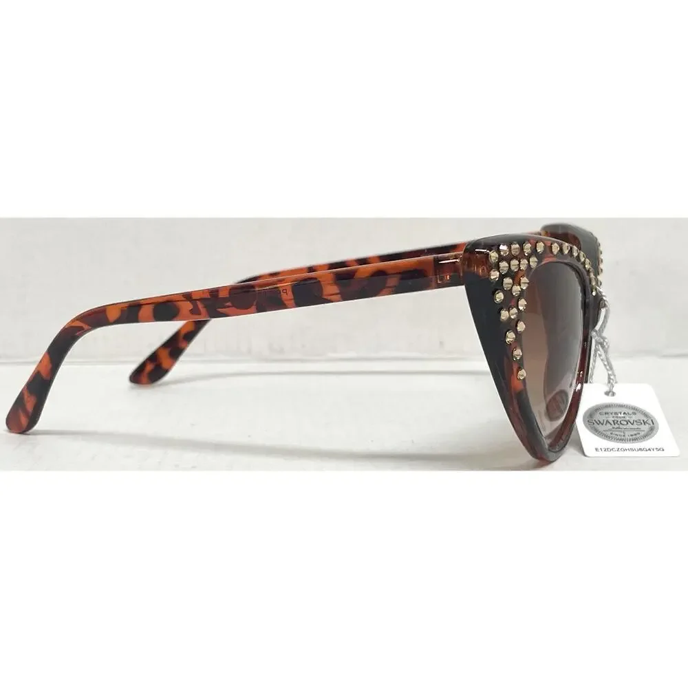 Made with Swarovski Crystals Cat Eye Sunglasses Tortoise Brown Bling Womens Case